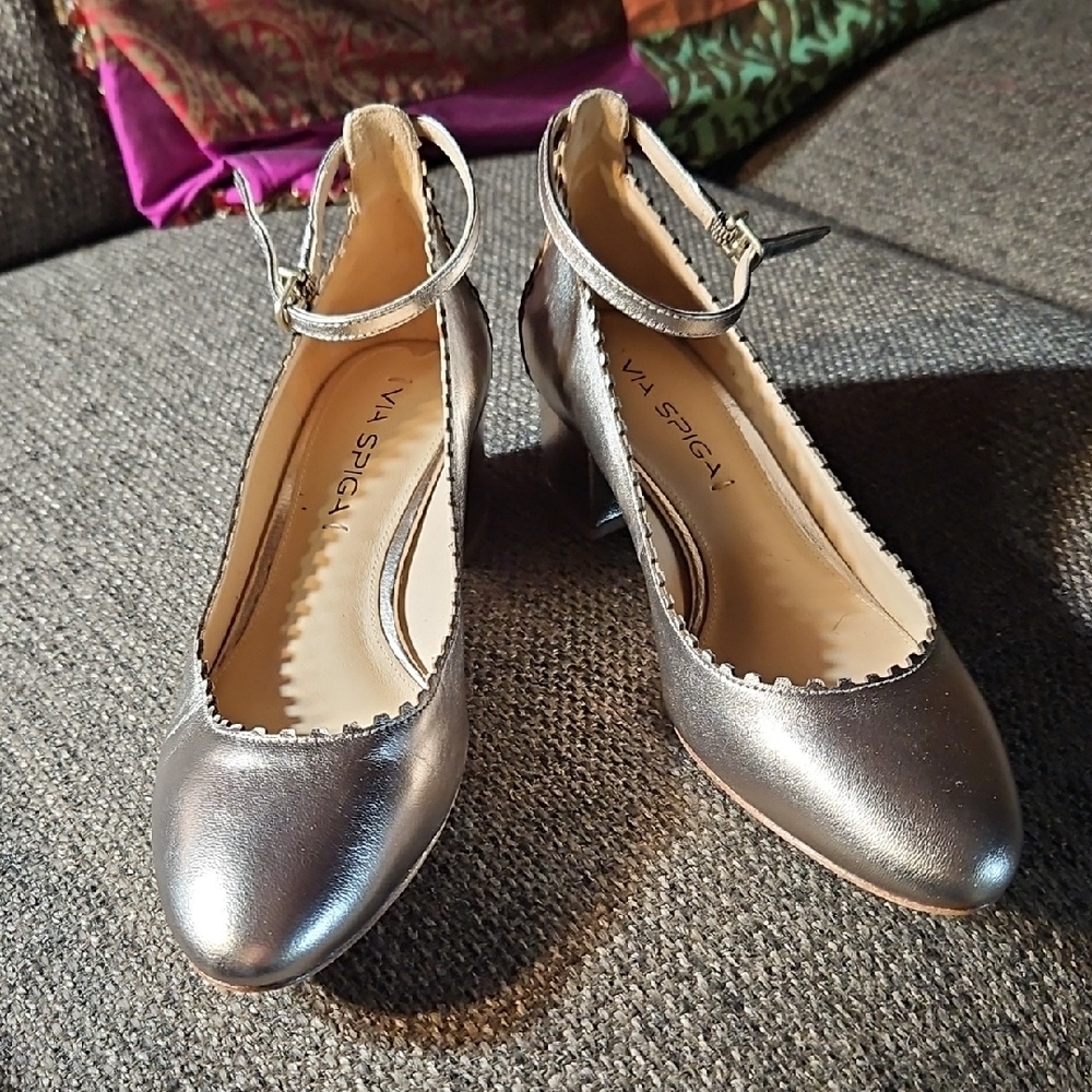 Via Spiga Metallic Gray Ankle Strap Heels